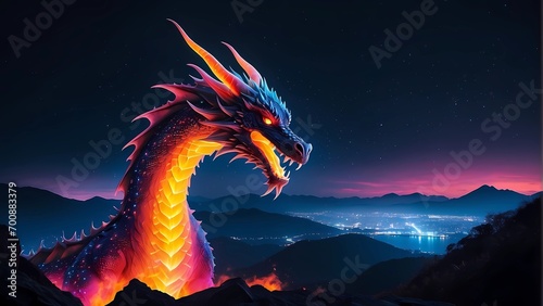 Colorful dragon art illustration on dark fantasy background, Vibrant Neon Dragon © Anisgott