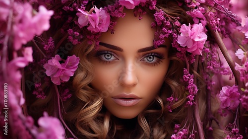 Close portrait of a young beautiful woman with blue eyes. Pink flowers. Beauty.