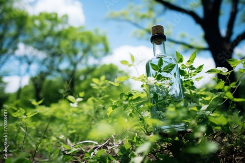 Refreshing Natural Mineral Water Bottle Glistening with Morning Dew on Lush Green Meadow Background. Close-up. Background. Copy space