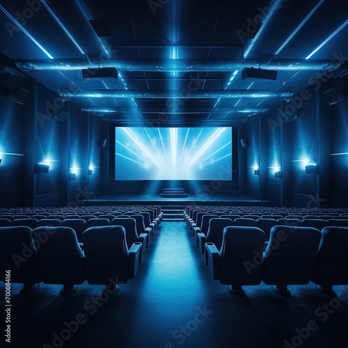 empty cinema of blue color with multiple chairs to sit