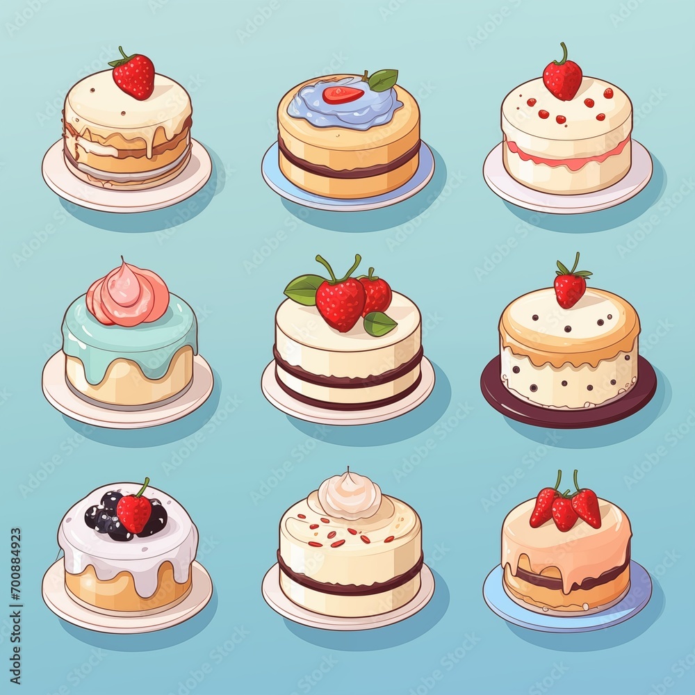 set of cakes and desserts