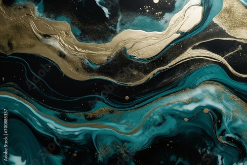 Abstract teal and black art with marble swirls, agate ripples, and gold glitter. Generative AI photo