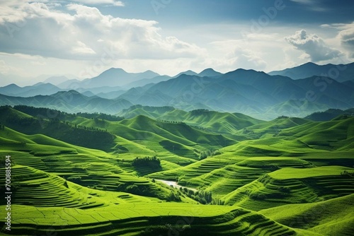 Beautiful scene of a vibrant green valley surrounded by rolling hills. Generative AI photo