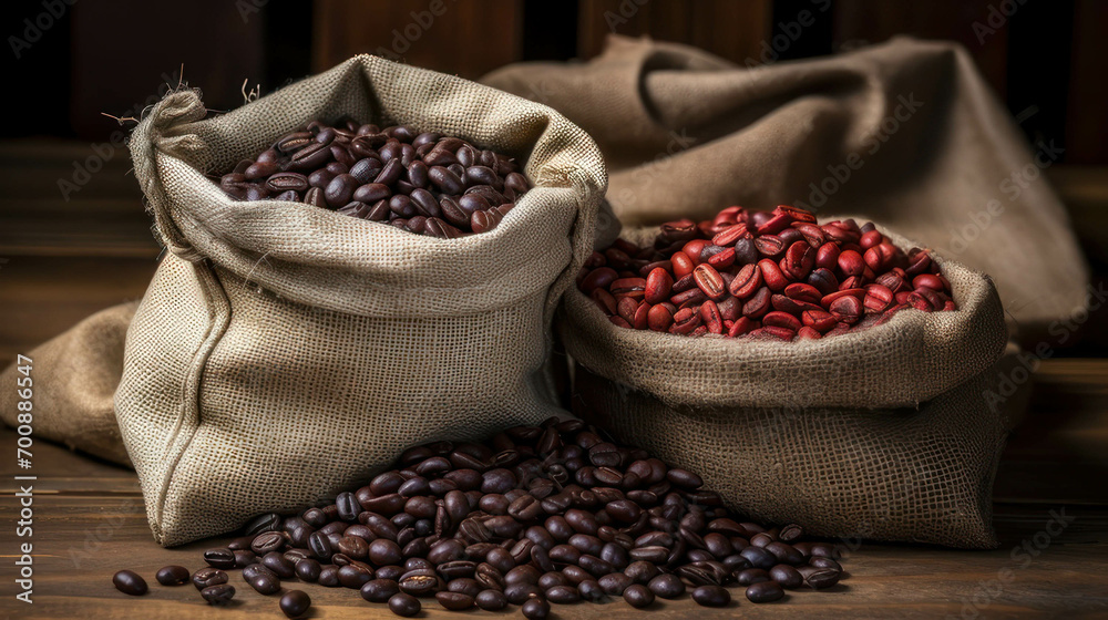 Coffee beans in a burlap bag,Coffee background Coffee beans in a burlap bag,Coffee background