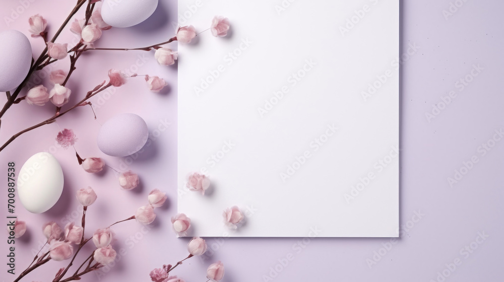A tranquil Easter setting with a harmonious blend of purple eggs and tender blossoms, complemented by ample white space.
