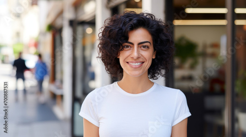 Portrait of a cheerful woman with curly hair smiling in a casual white t-shirt, urban setting.