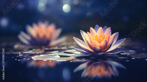 Moonlit lotus flowers glistening on a peaceful pond, evoking a sense of tranquility and mystery. © tashechka