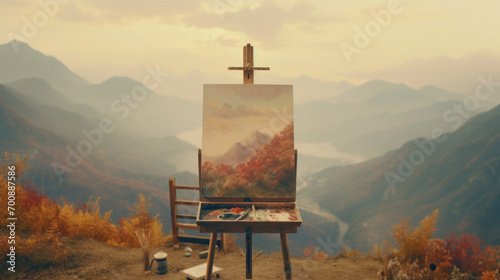 An artist's easel displays a canvas painting that captures the autumnal hues of a mountain landscape during sunset.