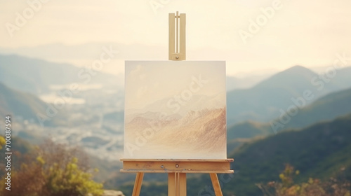 A blank canvas on an easel presents a mountain landscape painting amidst a hazy background of hills.