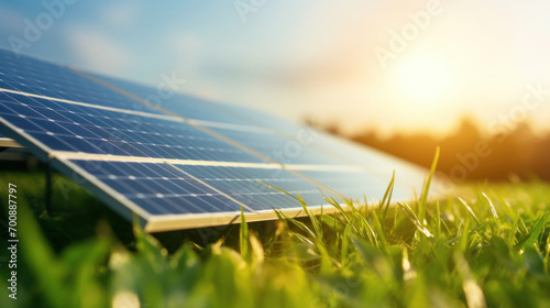 Solar panels installed in a green field harnessing renewable energy from the setting sun, representing sustainable technology.