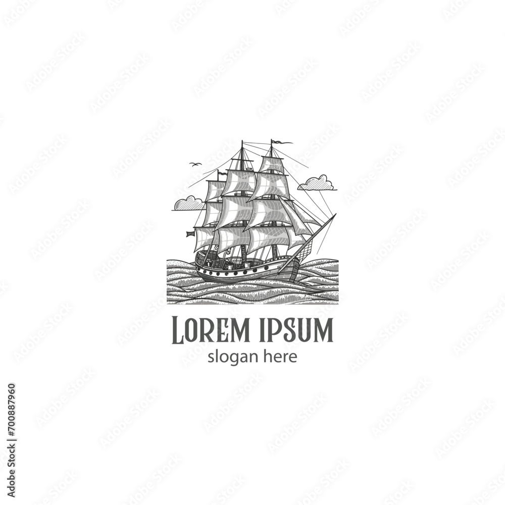 Obraz premium hand-drawn vintage ocean with ship logo design, illustration on white background, ship sailing logo vintage