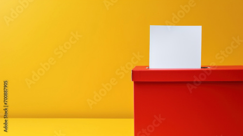 A bold red ballot box with a white blank voting card on a vibrant yellow background, symbolizing democracy and elections. photo
