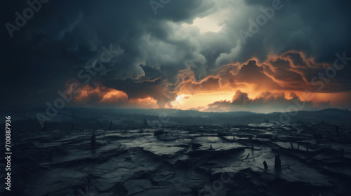 A desolate landscape under a tumultuous sky  hinting at a post-apocalyptic scenario with a dramatic sunset.