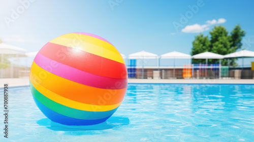 A vibrant multicolored beach ball floats on the calm blue waters of a pool  evoking summer fun and relaxation.