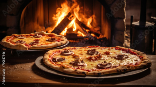 Two gourmet pizzas with melting cheese and tasty toppings are being baked in a rustic wood-fired oven, highlighting traditional Italian cuisine.