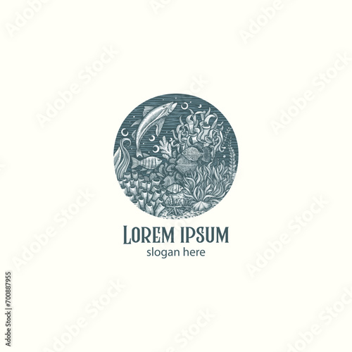 hand-drawn vintage ocean with fish under water logo design, illustration on white background, under ocean fish vintage illustration