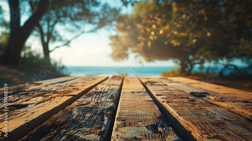wooden table on blur background of beautiful 