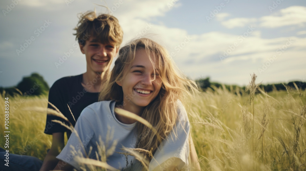 Two smiling teenagers enjoy a carefree moment, sitting in a golden wheat field under a clear blue sky. Two smiling teenagers enjoy a carefree moment, sitting in a golden wheat field under a clear blue sky.