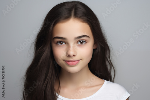 Studio lit close up portrait of beautiful young girl with grey background.