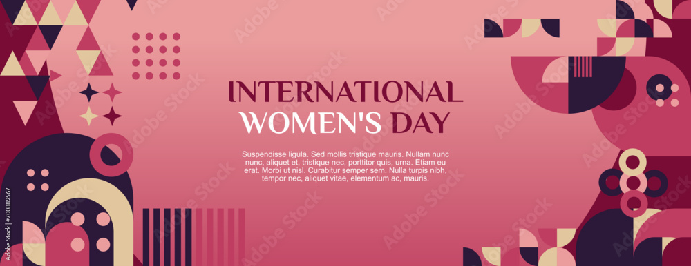 International Women's Day banner. Modern geometric abstract background in colorful style for women day. Happy women's day greeting card cover with text. Happy world women's day for awareness. - obrazy, fototapety, plakaty 