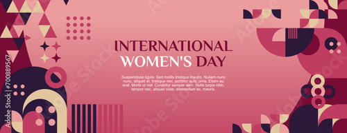 International Women's Day banner. Modern geometric abstract background in colorful style for women day. Happy women's day greeting card cover with text. Happy world women's day for awareness.