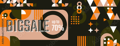 Sale banner on geometric abstract dark background in retro style. Summer sale design includes colorful abstract shapes. Special offers or price discounts. Vector illustration