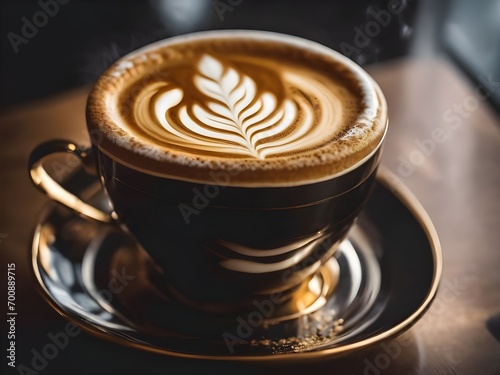 National Cappuccino Day, November 8. A luxury-designed cup of Latte hot coffee or cappuccino with beautiful art in lightning background. Template for background, banner, card, poster with copy space 