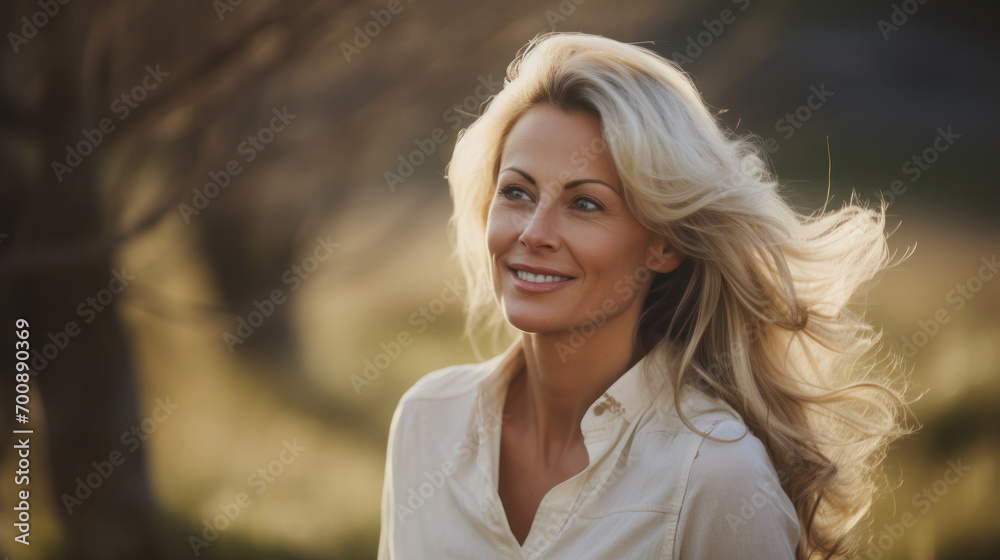 Portrait of smiling blond 45 yo mid age woman outdoors Portrait of smiling blond 45 yo mid age woman outdoors