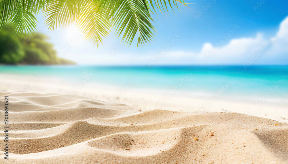 Tropical beach with palm tree and sand. Summer vacation background