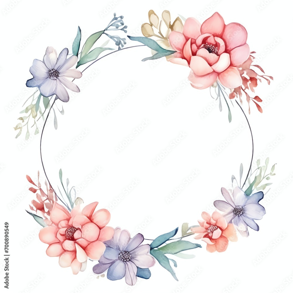 watercolor floral circl with white space in the center for text, sticker, pastel colors
