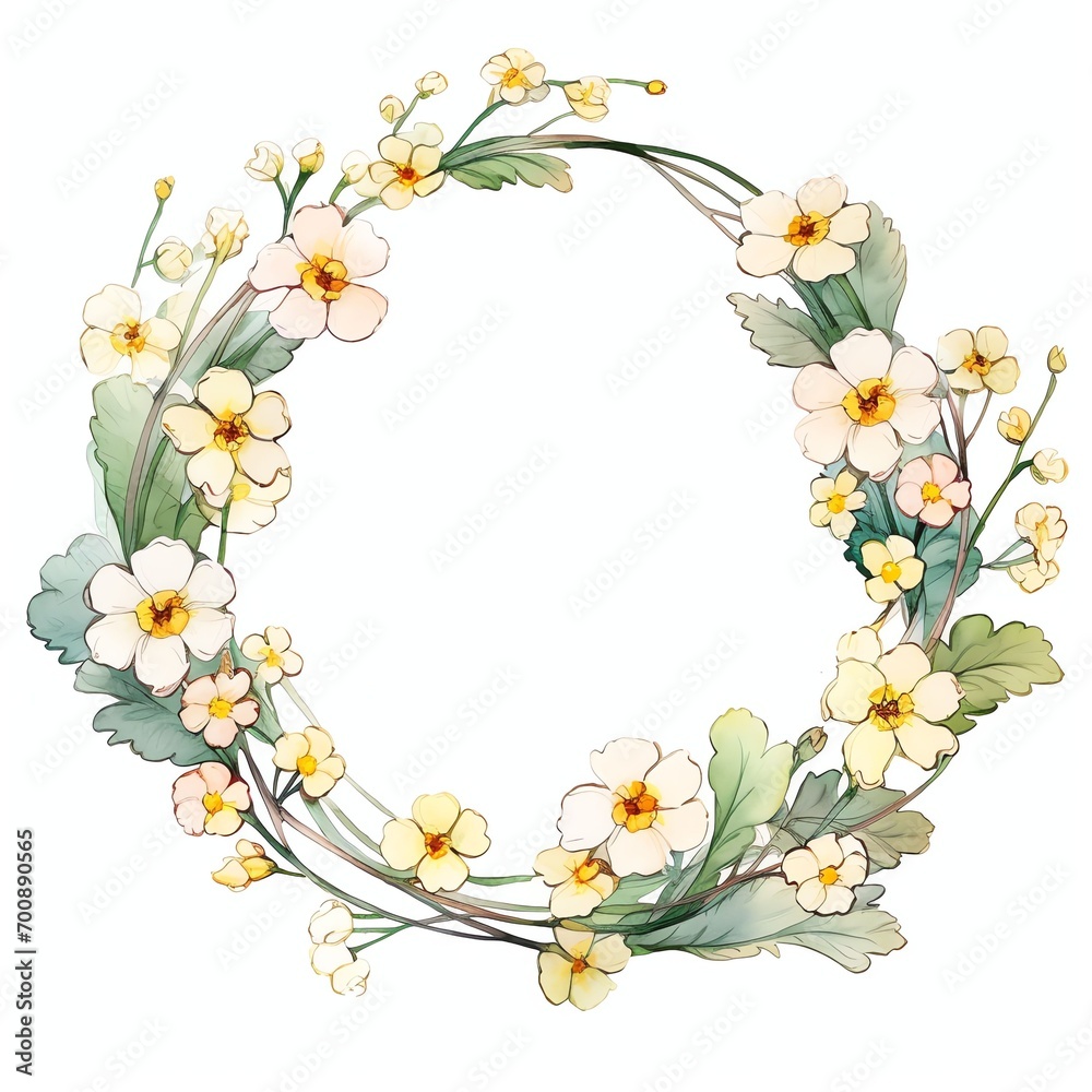 Obraz premium watercolor primrose flower arrangement around a white circle, clipart in the style of soft and dreamy atmosphere