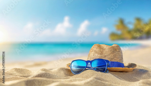 Hat with sunglasses on sandy beach. Summer tropical vacation concept