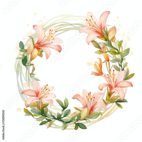 watercolor honeysuckle flower arrangement around a white circle © mh