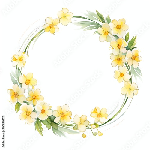 watercolor primrose flower arrangement around a white circle, clipart in the style of soft and dreamy atmosphere