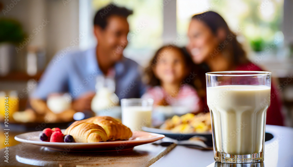 Happy family having breakfast at home. Focus on the glass of milk Happy family having breakfast at home. Focus on the glass of milk
