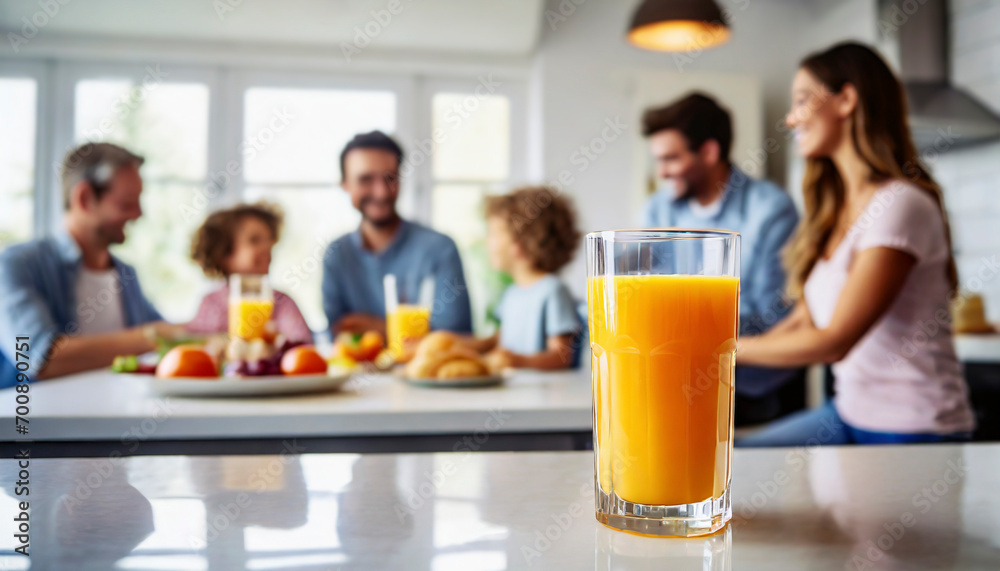 Close up of glass of orange juice on table with family in background Close up of glass of orange juice on table with family in background