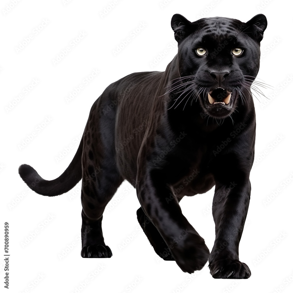 Fototapeta premium Black panther roar, isolated on transparent or white background