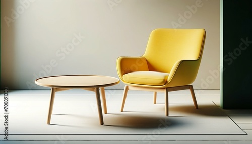 Yellow armchair and coffee table in modern interior. 3d render