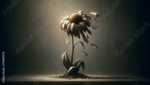 Wilted flower with petals falling, dramatic lighting photo