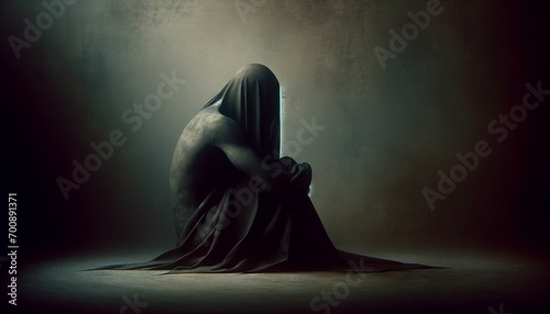 Figure shrouded in a cloak with dramatic lighting