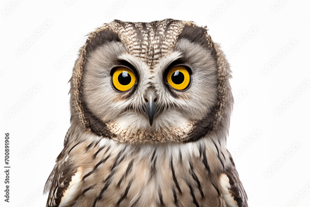 Fototapeta premium Boreal Owl close-up portrait on a white background.