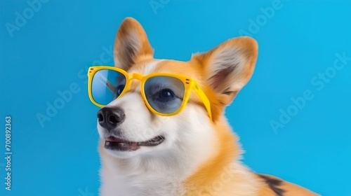 Funny dog wearing sunglasses on blue pastel color background.