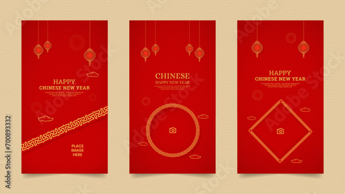 Chinese Happy New Year Social Media Stories Collection Template with Pattern Border and Chinese Lanterns with Empty Space for Photo 