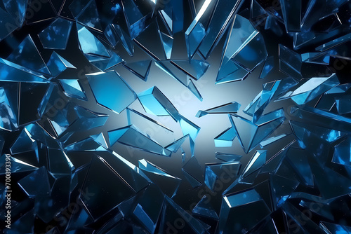 broken shards of glass floating mid air on dark background. blue shimmering fragments flying movement 3d rendering illustration. explosion fragility destruction concept. 