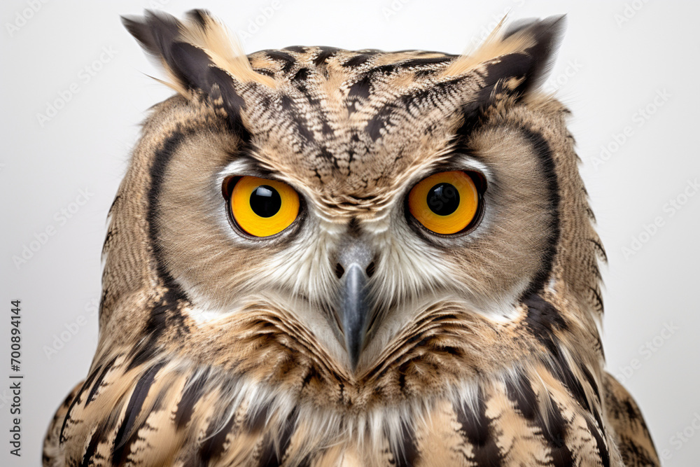 Obraz premium Eurasian Eagle-Owl close-up portrait on a white background.