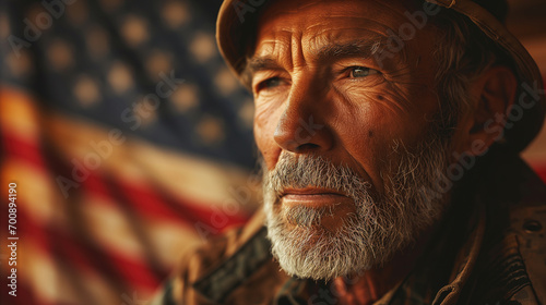 Proud senior Caucasian male veteran against the backdrop of the American flag looking away, copy space. War Veterans Day USA concept