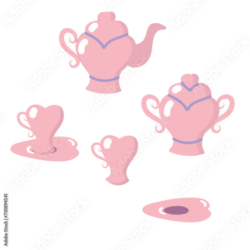 Cute simple pink place setting based on a heart shape. Teapot, sugar bowl, cup and saucer in soft pastel colors. Teaware in carton style. Vector illustration isolated on white background.