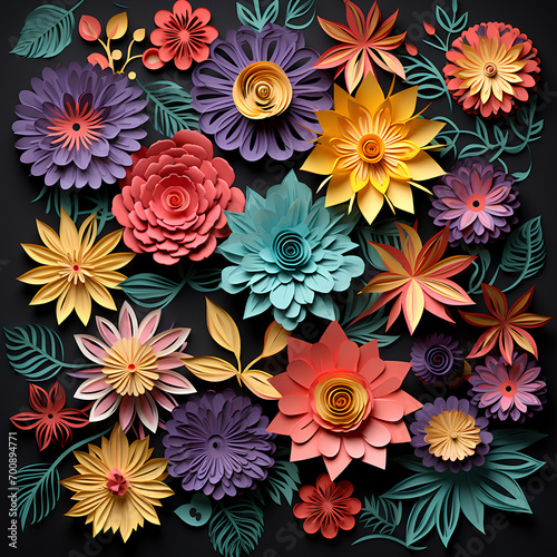 Bright paper flower arragement on black background. Paper cut flower for decoration and pasting. Origami. 