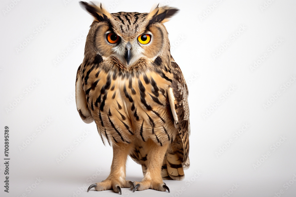 Fototapeta premium Eurasian Eagle-Owl on a white background. Animal front portrait.
