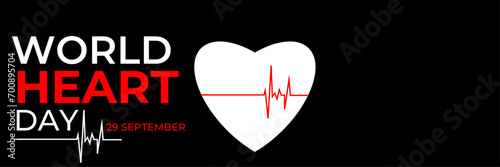 Emblem of World Heart Day with image of red heart on dark background. Medical sign on 29th of September. heart and pulse trace. suit for banner, cover, flyer, poster, backdrop, plain, texture. vector